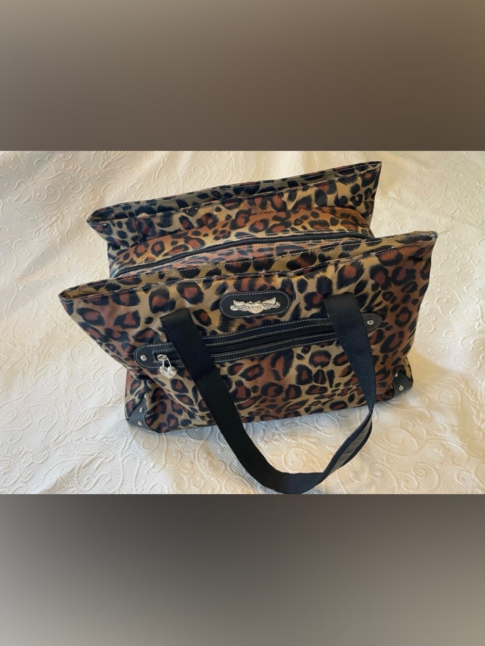 Kathy Van Zeeland Leopard Print Travel Tote with Black Straps